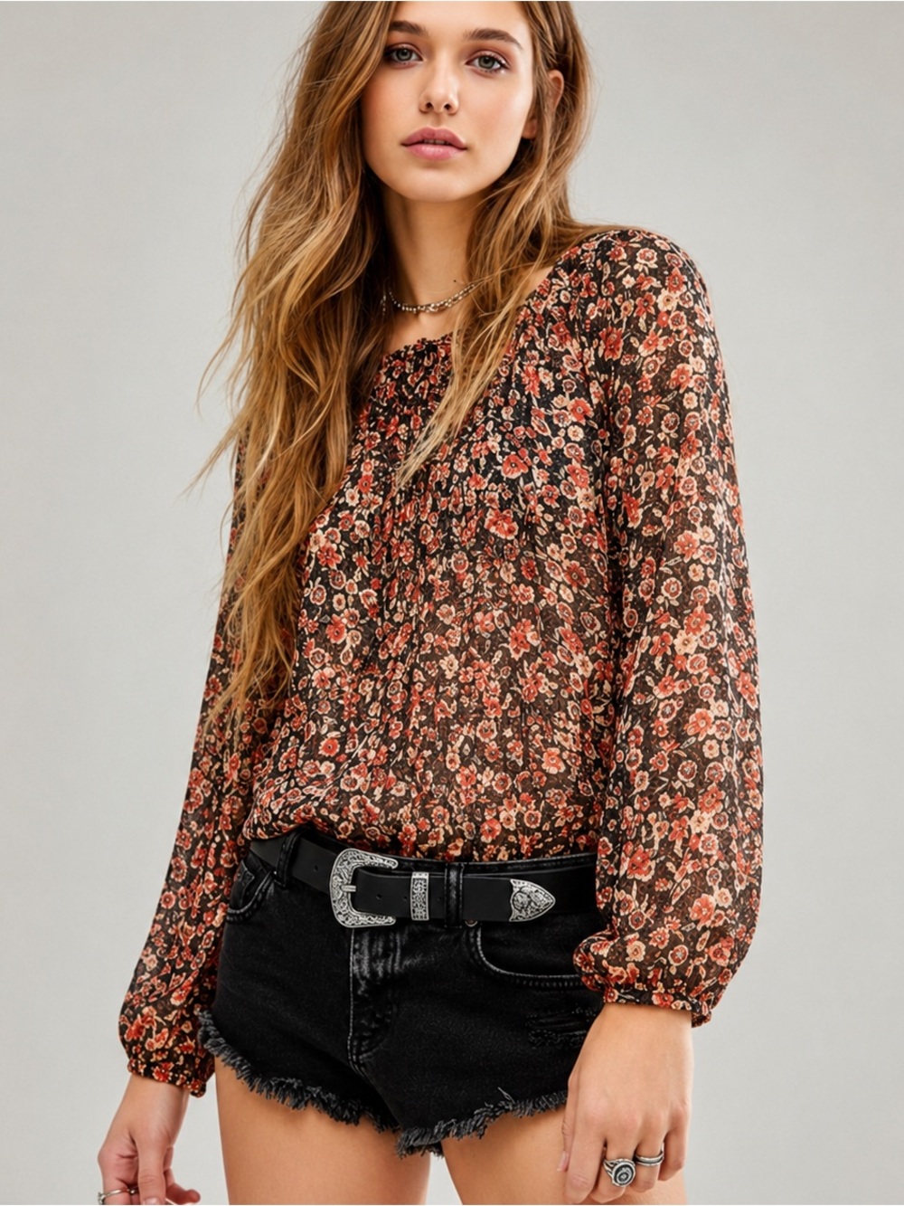$78 Free People Intimately Anna Sheer Floral Long Sleeve Bodysuit Sz S